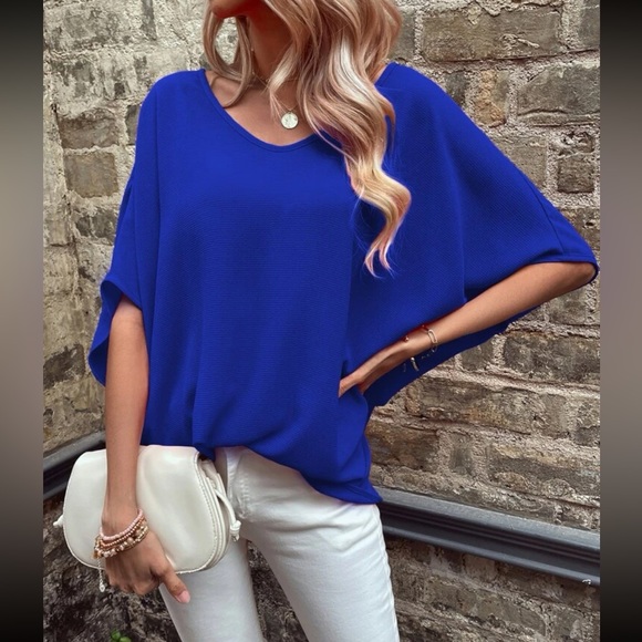 Boho blue V neck batwing sleeve blouse - Picture 5 of 5